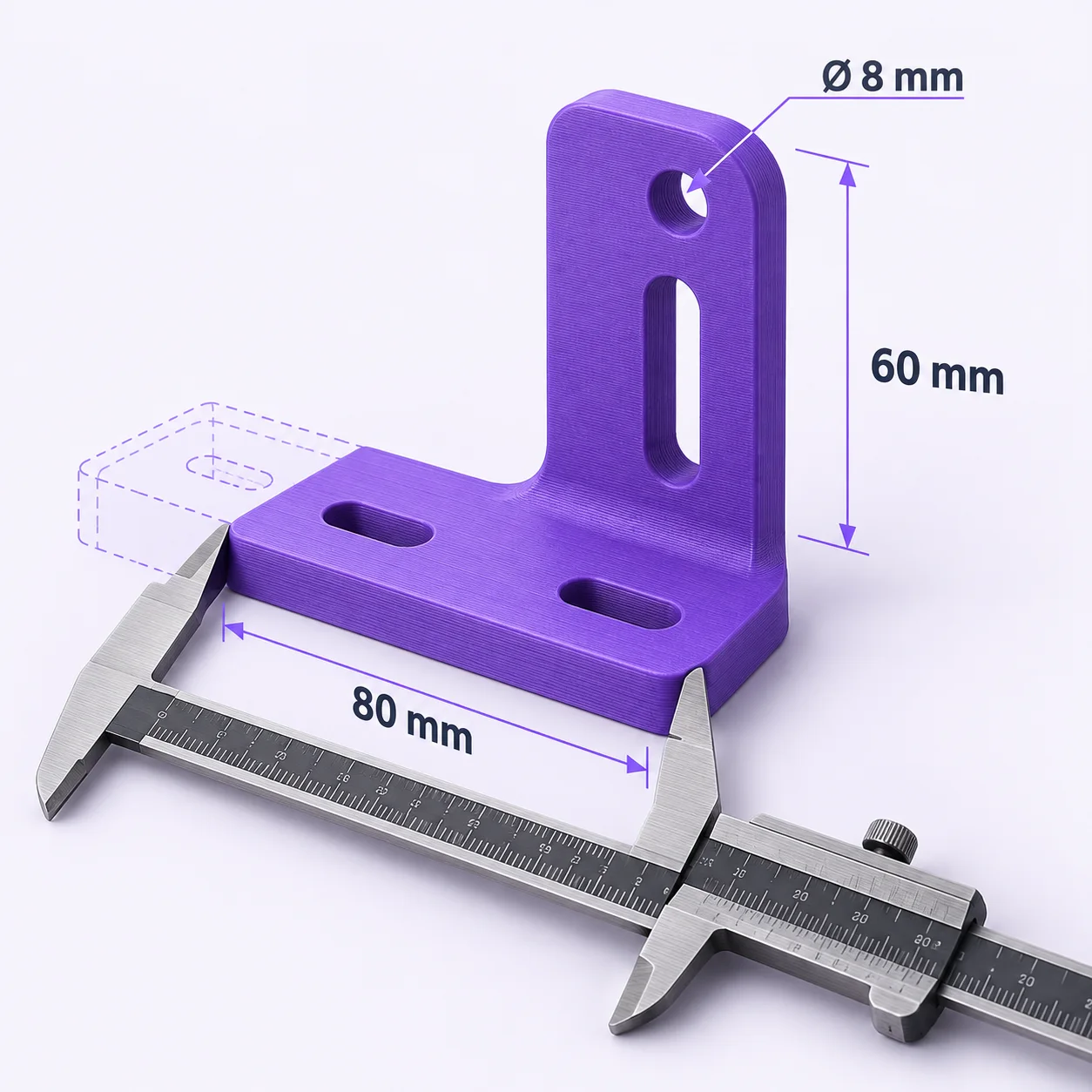 Peça impressa em 3D com cotas e paquímetro, feita à medida